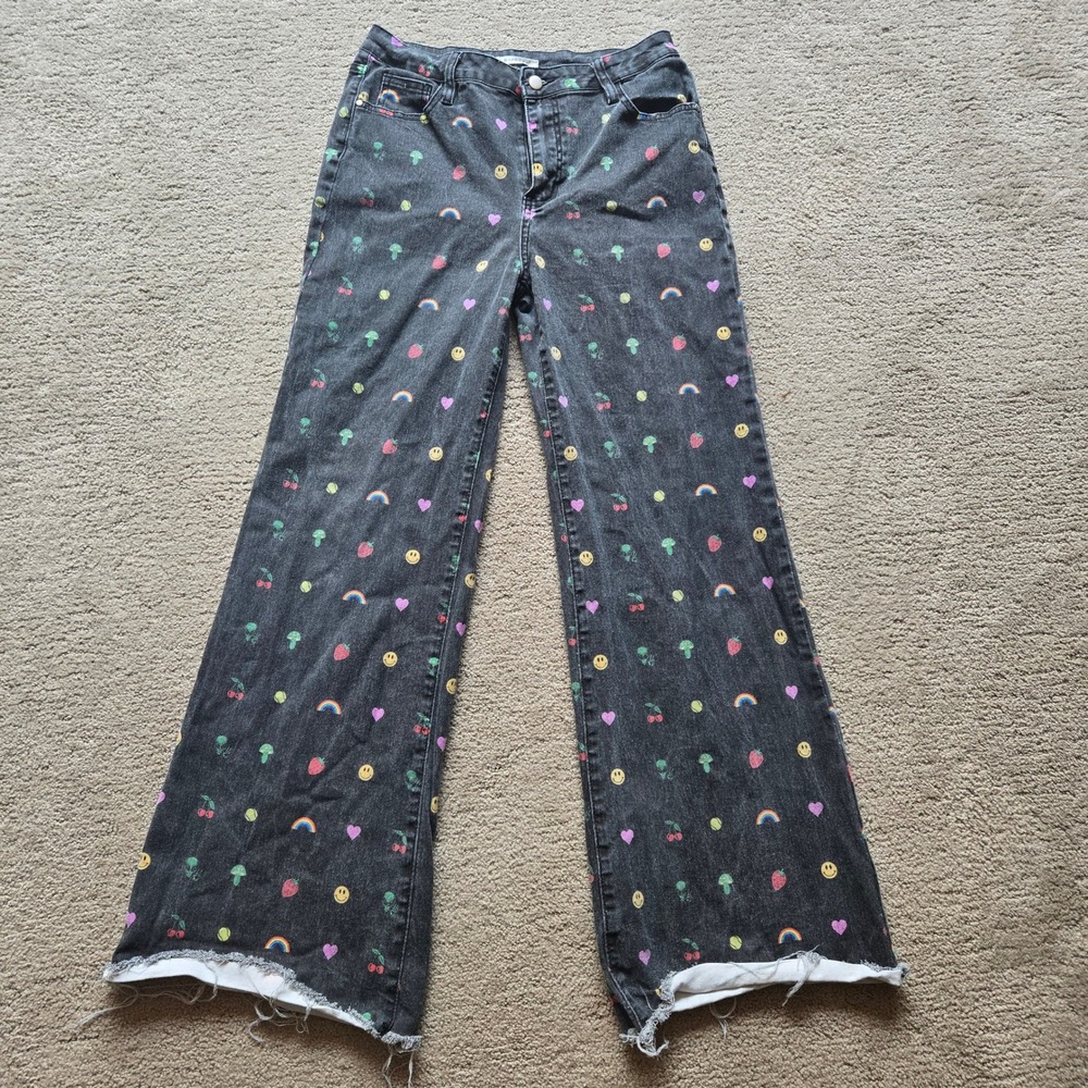 Machine Jeans Womens 11 Black Wide Leg Print Rainbow Smiley Mushroom Alien RP41
